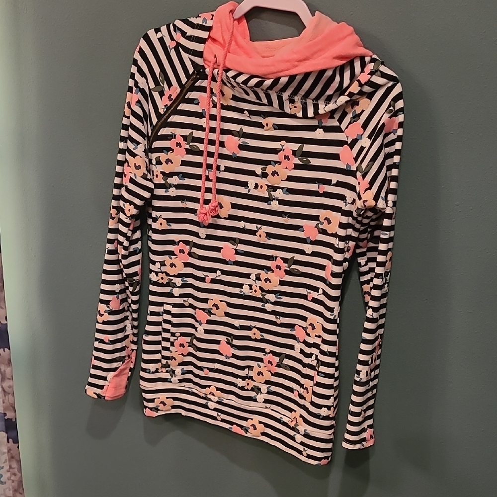 AMPERSAND AVE Striped Floral Hoodie - Black, White, Pink